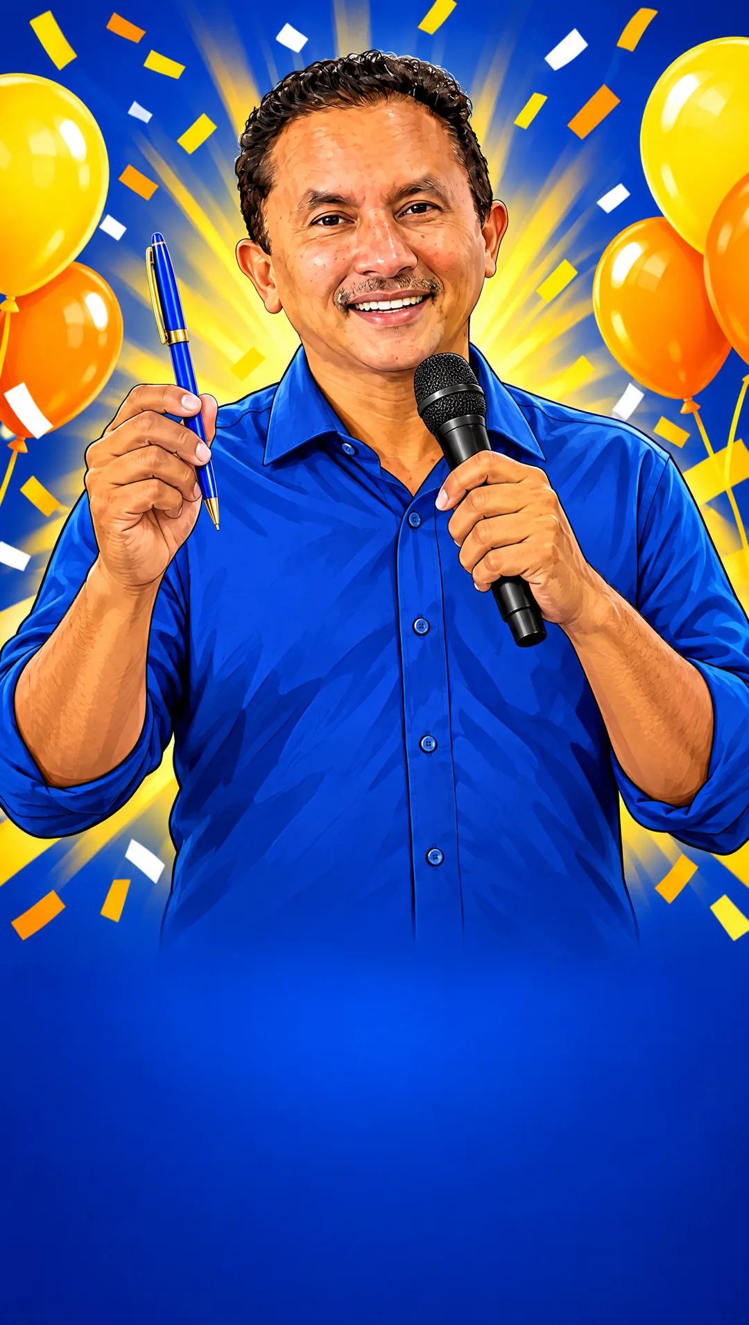 Manoel Gomes sorrindo com microfone e caneta azul
